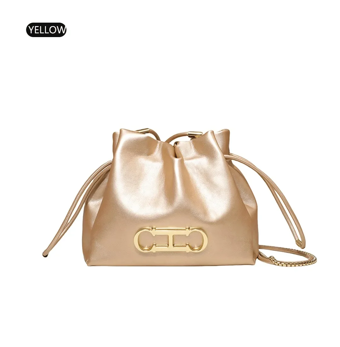 CH Luxus-Beuteltasche mit Kordelzug für Damen, goldfarbenes Metall-Logo, Ketten-Umhängetasche, Schulter-Messenger-Handtasche für den täglichen Pendelverkehr und Partys – Detail 8