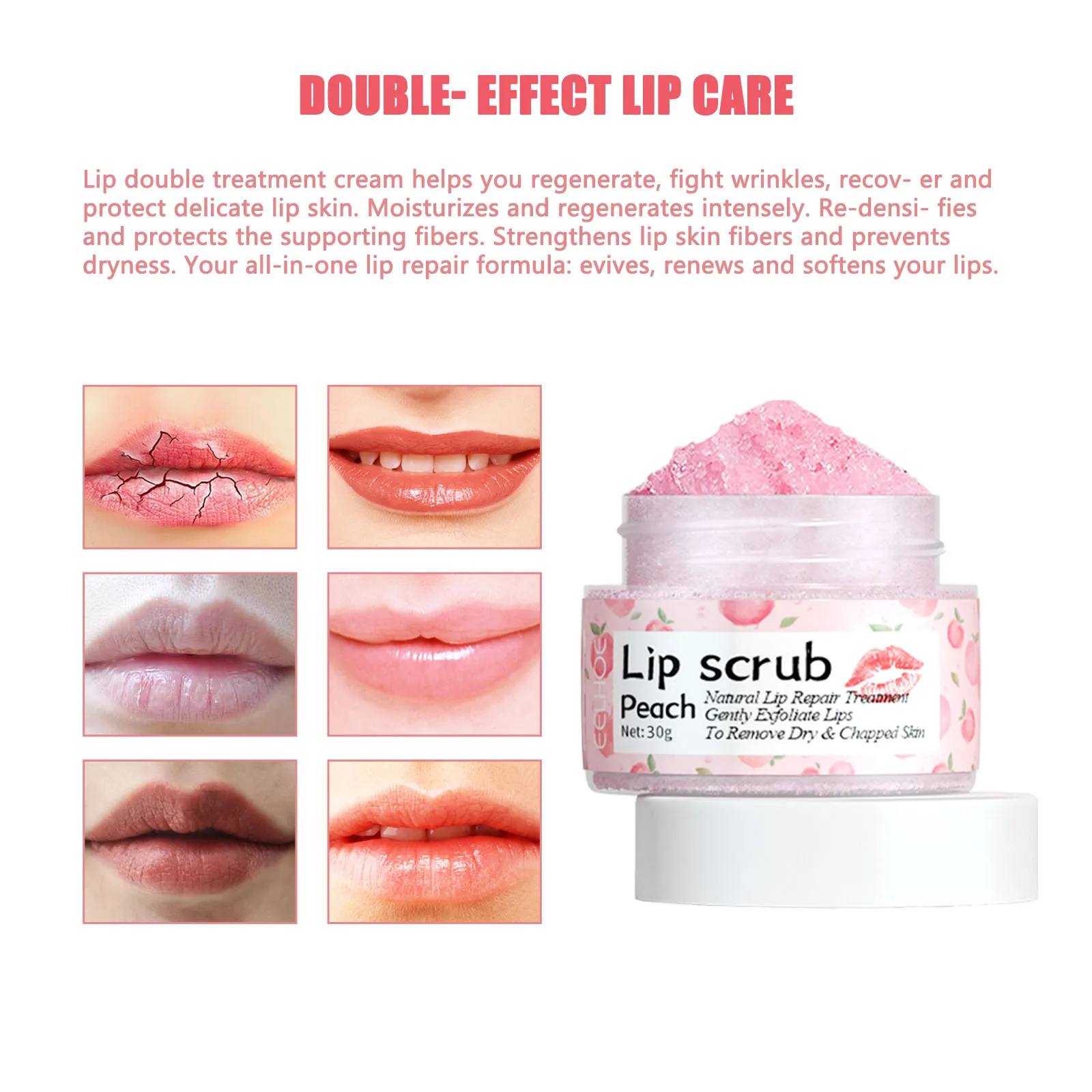 Set krim Scrub bibir persik, memudarkan keriput bibir menghilangkan kulit mati mencegah bibir kering dan pecah-pecah & melembabkan produk perawatan bibir