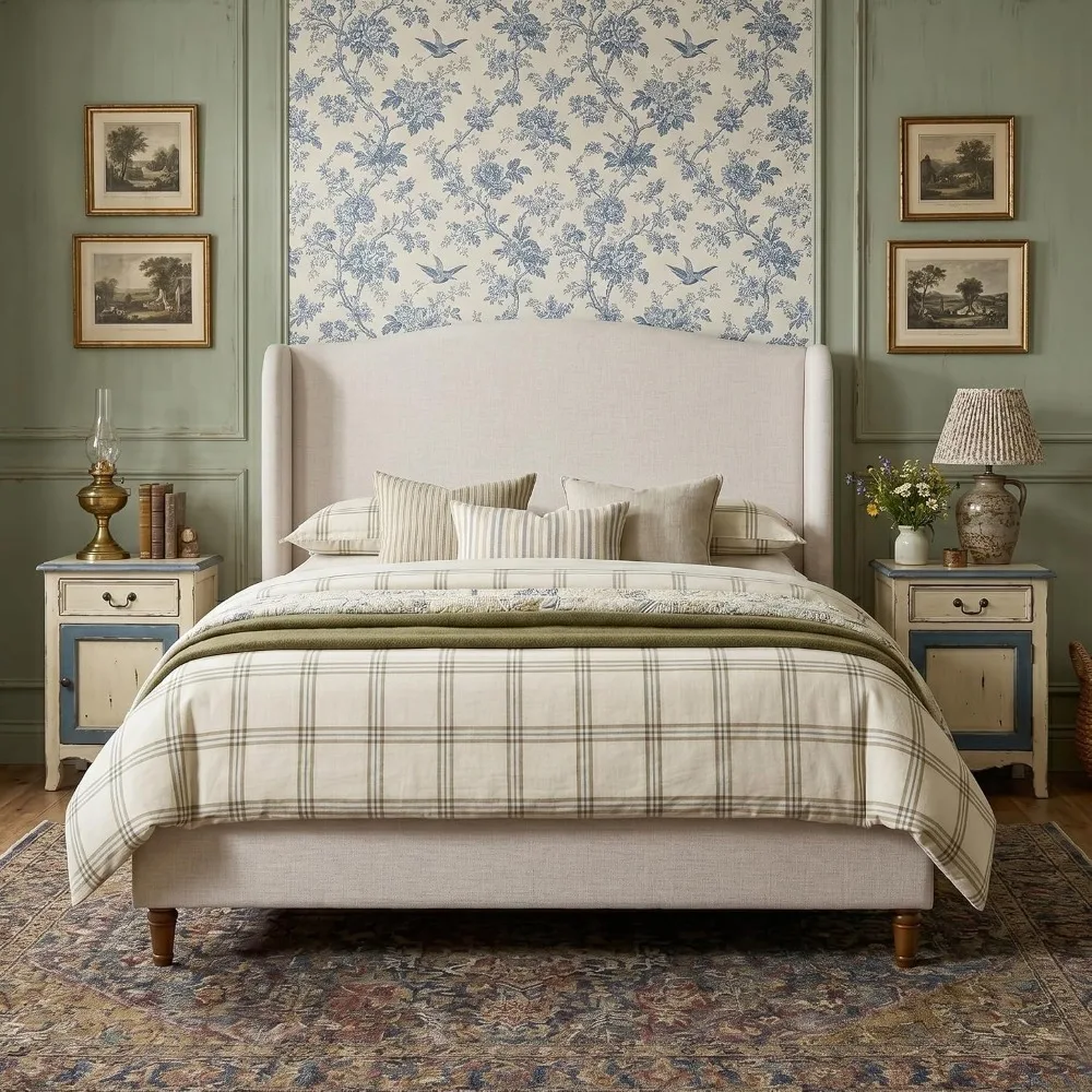 Queen Luxury Chenille Upholstered Platform Bed 54" Extra Tall Wingback Headboard 1000lbs Weight Capacity, Custom