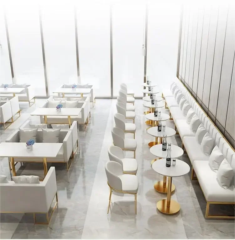 Modern Luxury Cafe Restaurant Coffee Shop Dining Furniture Sofa Booth Golden Metal Frame Table and Chairs Sets