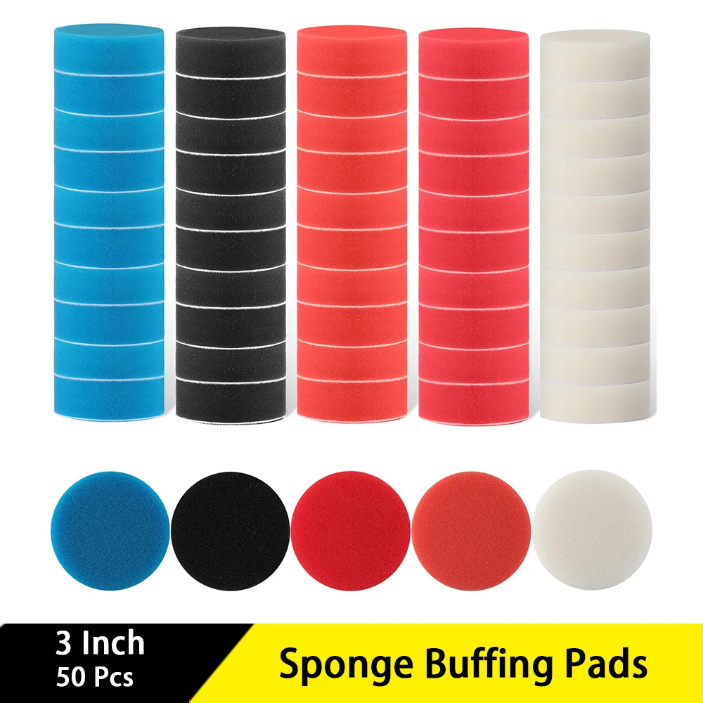 3 Inch Sponge Buffing Pads 50 Pcs Hook and Loop Elastic and Water Absorb Car Buffer Pad for Polisher Attachment Waxing Polishing