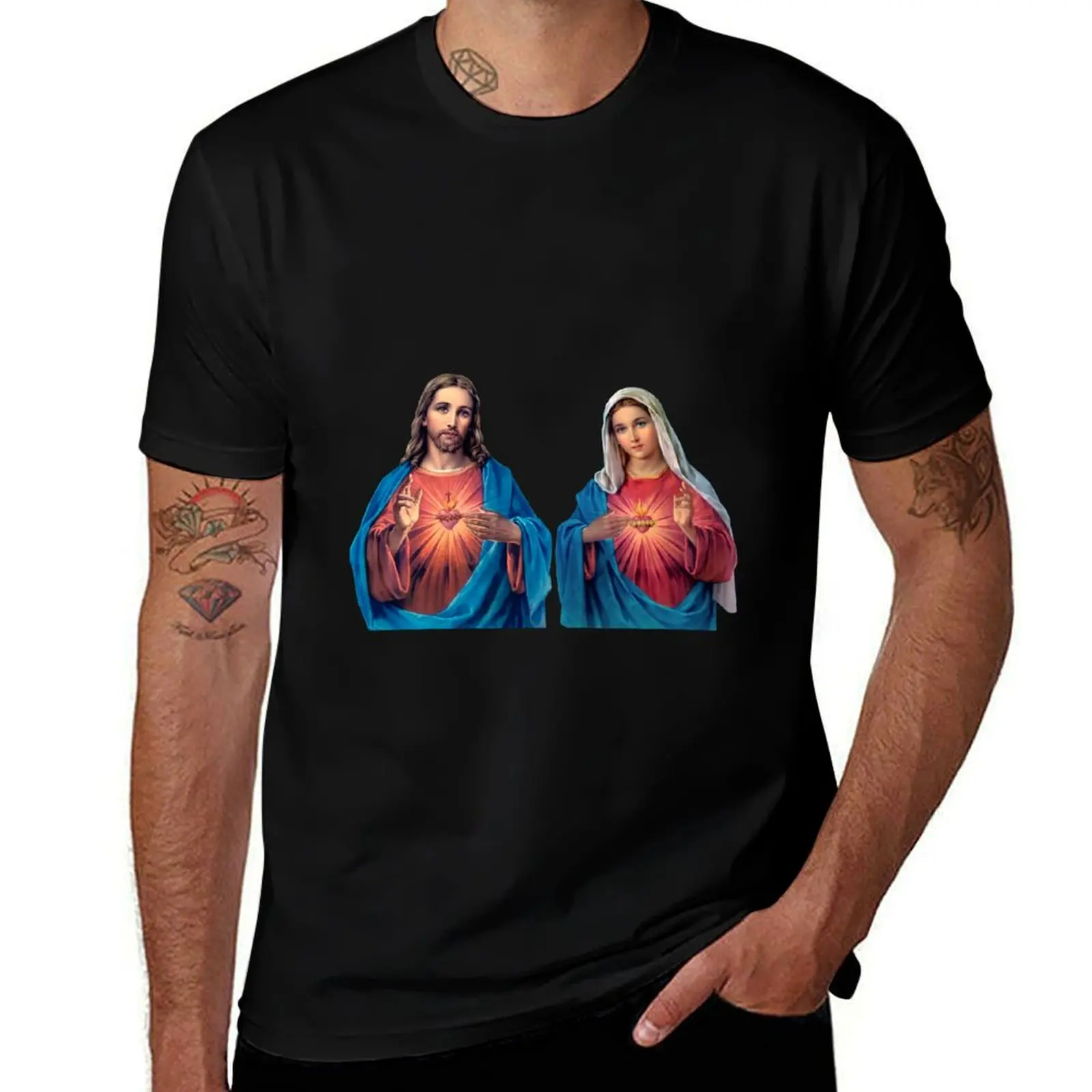

Sacred and Immaculate Hearts (Jesus and Mary) transparent background T-Shirt Work Basic Short Sleeve Top