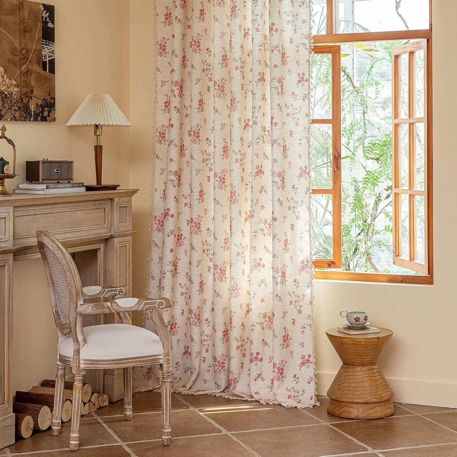 

Pink Floral Curtains 84 Inches Long 2 Panels Boho Tassel Drapes Semi Sheer Rod Pocket Window Curtains for Living Room Farmhouse