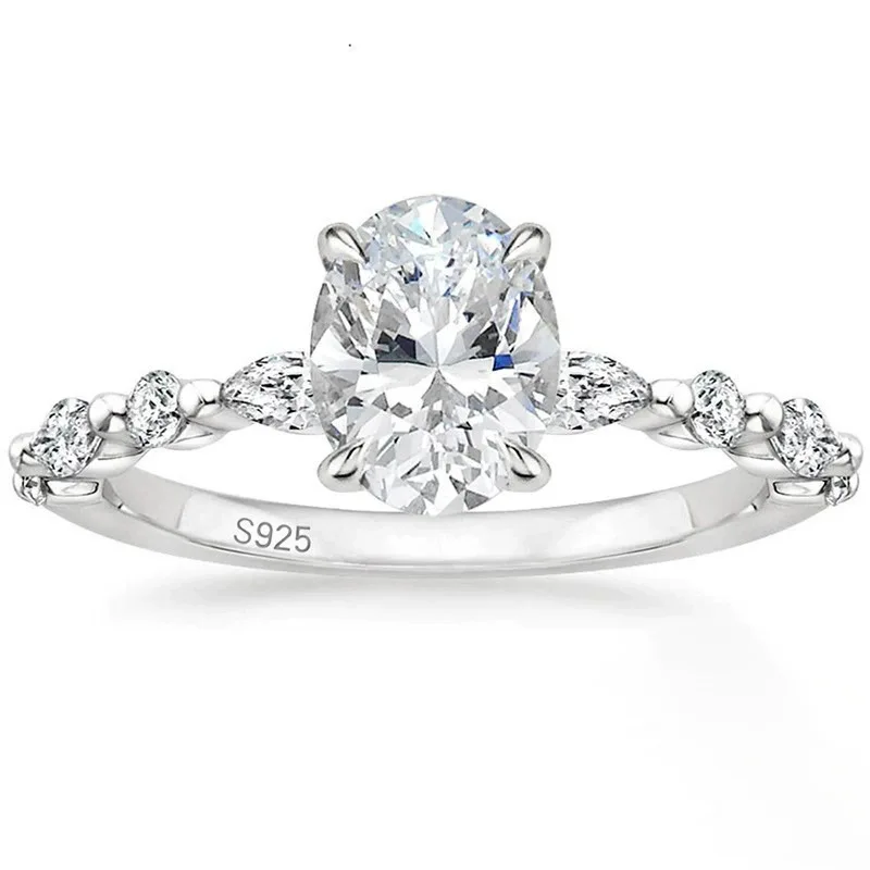 S925 Sterling Silver Oval Zircon High Carbon Diamond Ring Marquise Side Stones Fine Jewelry For Women Wedding Engagement Gift