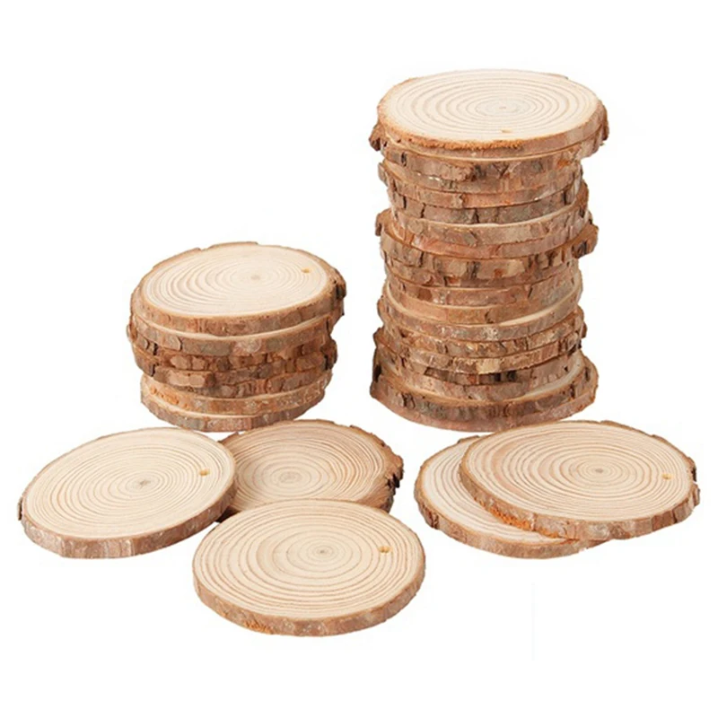 40Pcs 3-4CM Unfinished Natural Round Wood Slices Circles with Tree Bark Log Discs for DIY Crafts Home Party Decoration