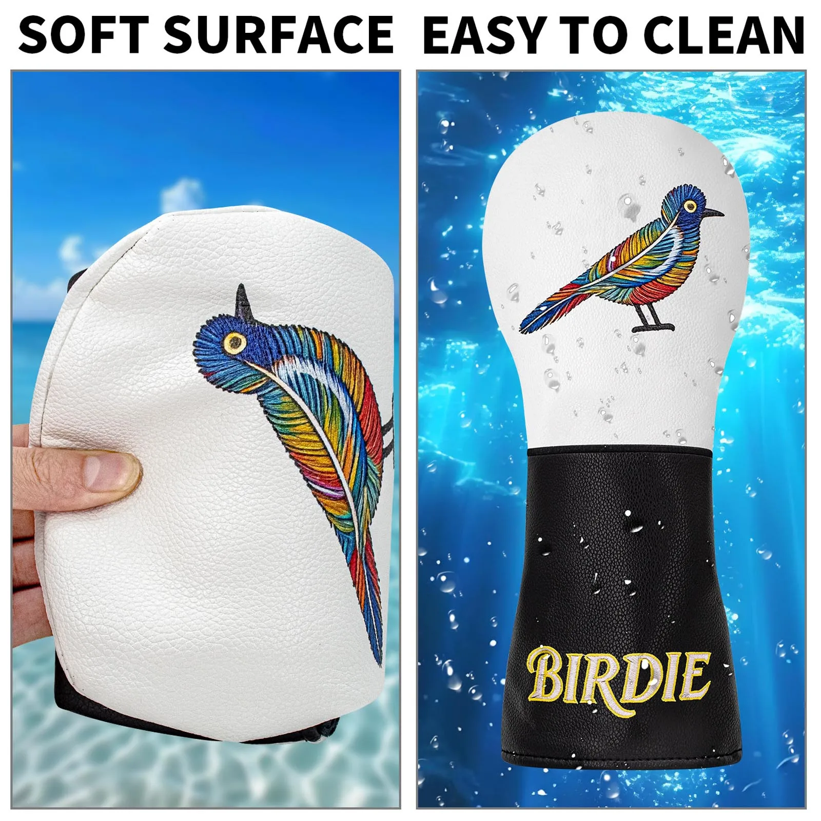 Colorful Bird Embroidery Golf Headcover Elastic Bands Color Block Water Resistant PU Leather Club Head Cover view 4
