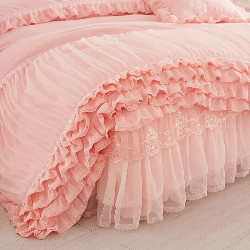 Korean version of the princess lace bed skirt four-piece set of bedspread bedding lace solid color polished bed set multi-piece