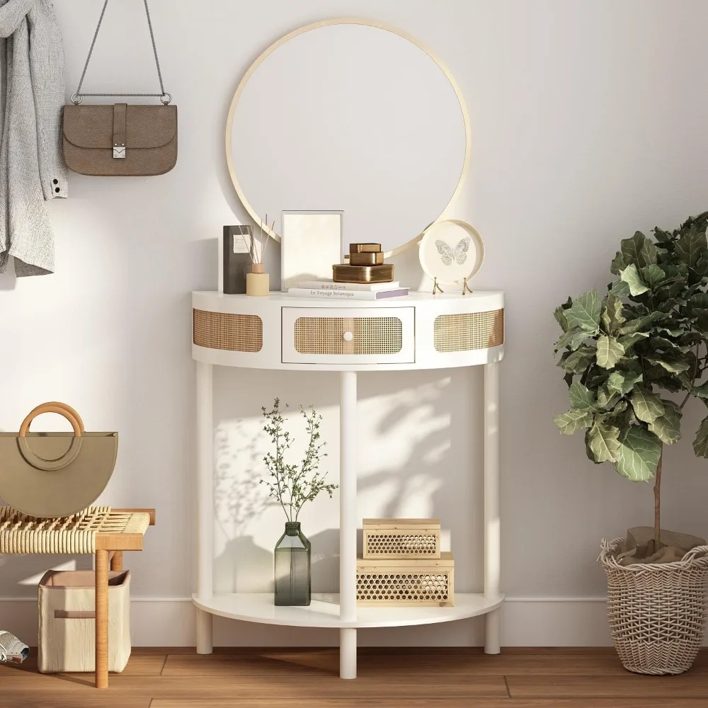 

Rattan Half Moon Console Table-Modern Small Entryway Table with Rattan Drawer and Storage Shelf, Boho Farmhouse Wood