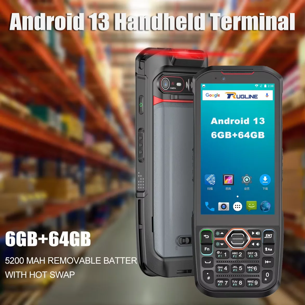 Hot-Swap Rugged PDA Android 13 OS 6G RAM 64G ROM MT6769 2D Barcode Scanner 4G-LTE Wifi Logistics Warehousing Handheld Terminal