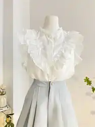 Black Fungus Lace Stand Up Collar Shirt for Women's Summer New Fashionable White Ruffled Short Sleeved Top S609