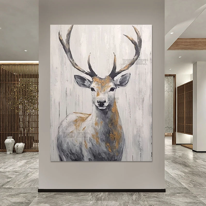 Cartoon Deer Canvas Picture for Bedroom Wall Decor, Hand-painted Animal Oil Painting, Luxury Wall Art, Decorative Item Murals