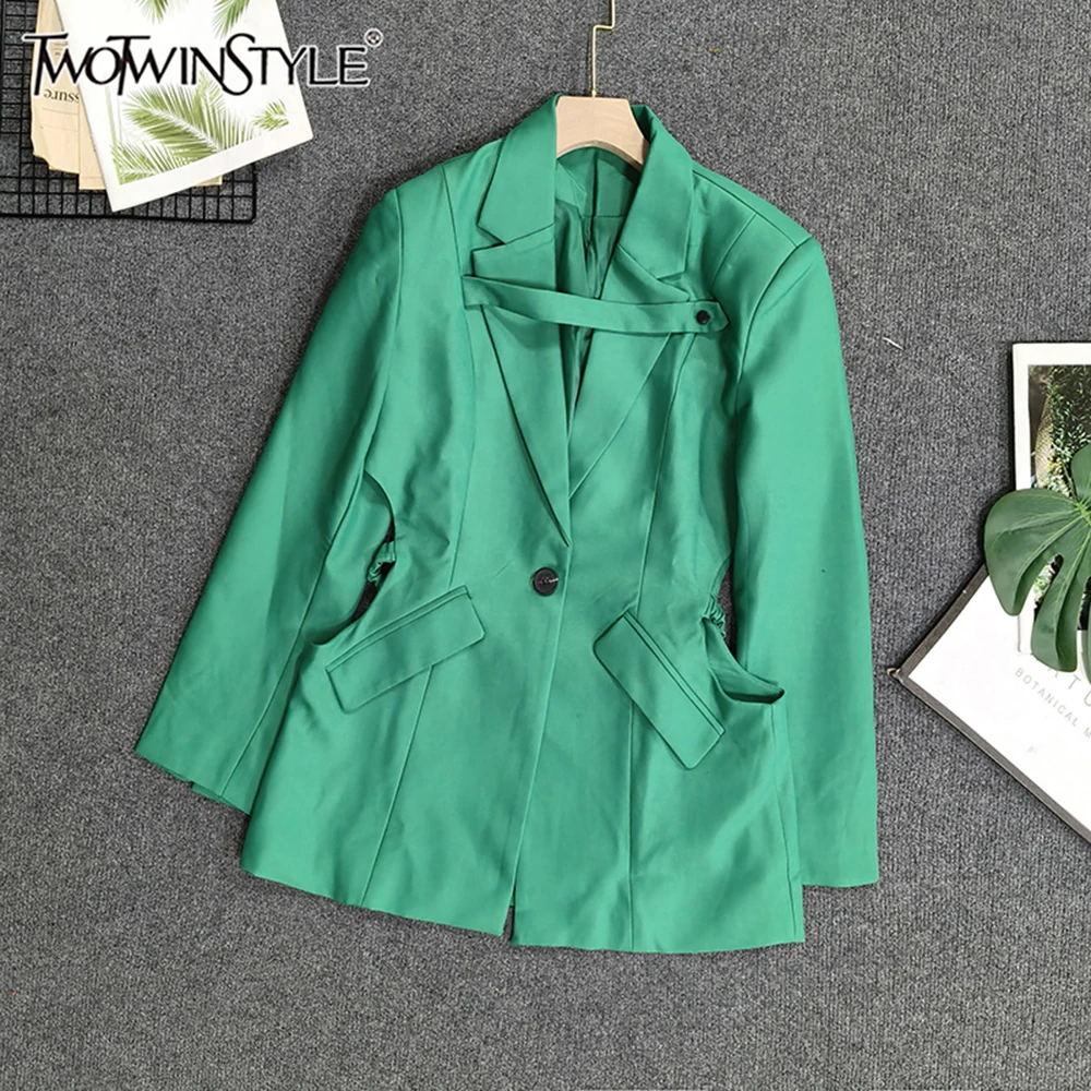 TWOTWINSTYLE Elegant Trend Solid Blazers For Women V Neck Long Sleeve Spliced Button Hollow Out Casual Jacket Female TJA639742