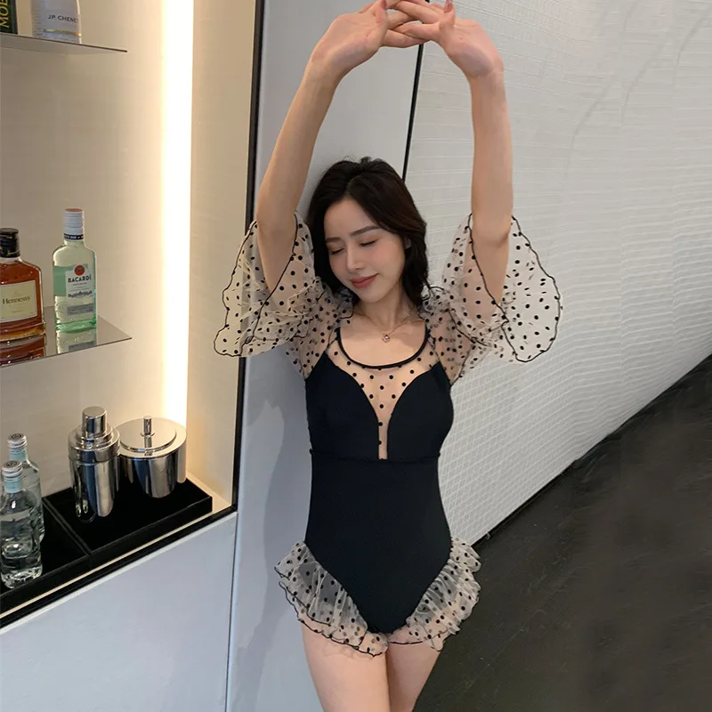 Wisuwore Korea Dongmen Foreign Trade Swimwear Women's Triangle Body Lace Long Sleeve U-neck Conservative ins Hot Spring Swimwear