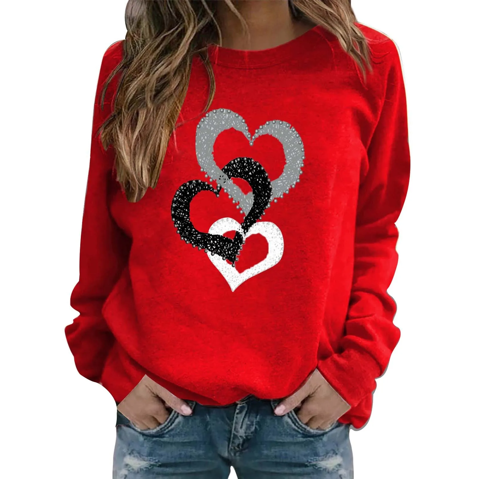 

Women'S Fashionable Round Neck Valentine'S Day Casual Love Printed Tops And Sweaters S-3xl Long Sleeve Sequin Hoodies Clothes