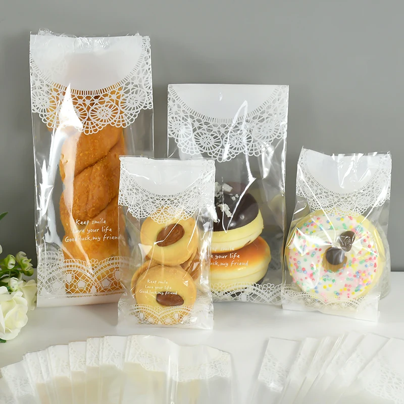 50pcs White Lace Transparent Cookie Biscuit Bag Plastic Candy Bar Cupcake Packaging Bag Wedding Birthday Hand Made DIY Gift Bags