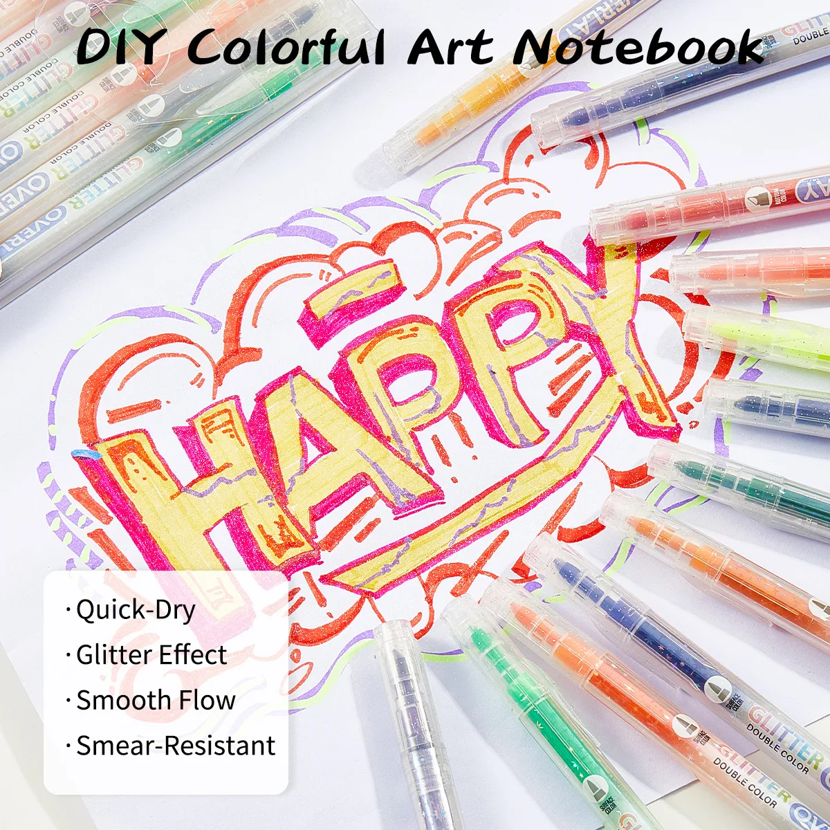 Glitter Highlighters,Chisel & Fine Double Color,Sparkle Highlighters, Color Layering,No Bleed Colors Highlighter Marker Pens