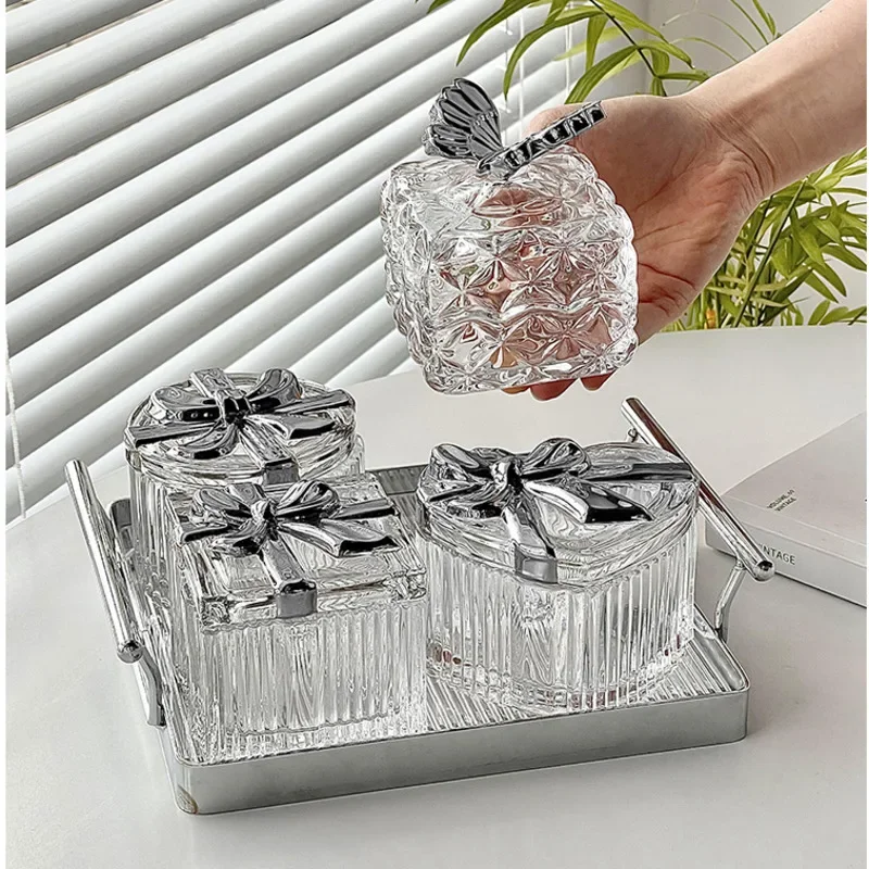 Light Luxury Dried Fruit Plate Four Compartments With Lid Candy Box Embossed Texture Dim Sum Dish Two Ear Handle Decoration Tray