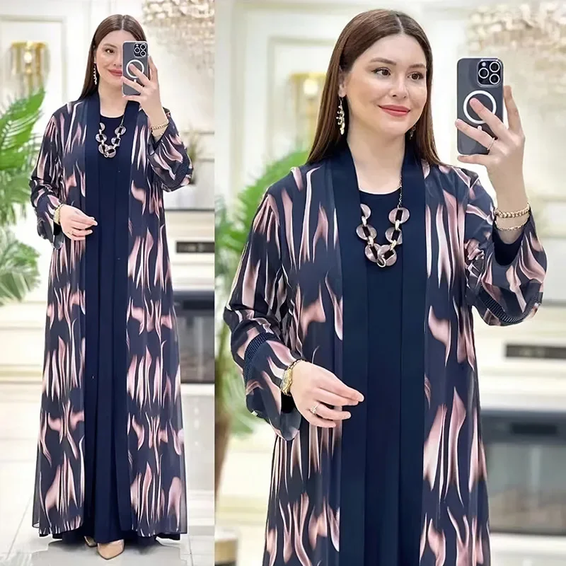 Printed Cardigan Robe 2 Piece Set Abayas Women Autumn Muslim Sets Elegant Party Long Dress Arab Abaya Dubai Turkey Islam Kaftan