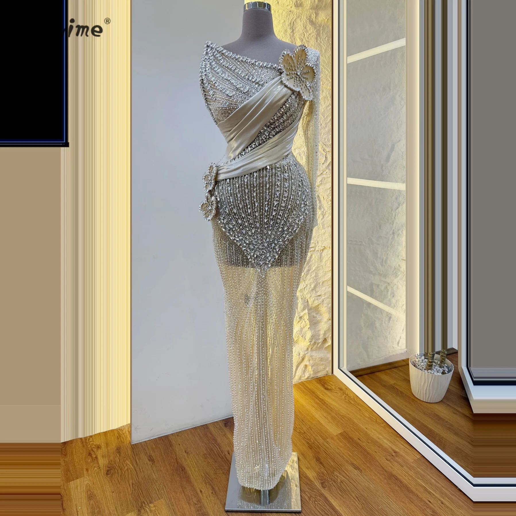 

Champagne Crystal Tulle Mermaid Dress Dubai Luxury Evening Dress Flower Beaded Evening Dress Formal Dresses Customizable