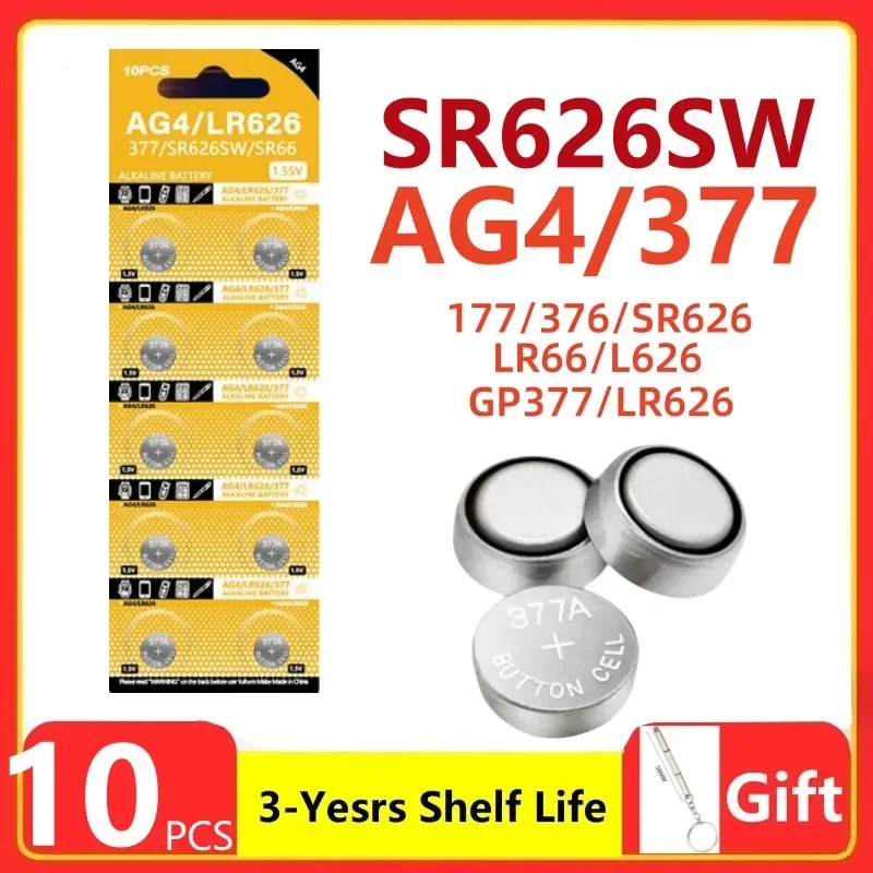 

10PCS AG4 LR66 377 1.55V Button Batteries For Watch Toys Remote 377A 376 SR626 196 SR626SW CX66 L626 Cell Coin Alkaline Battery