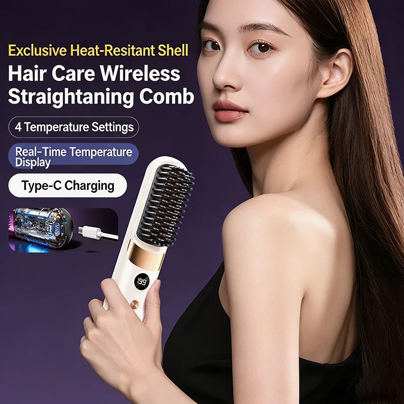 Hair Straightener Brush with LCD Display Cordless USB Charging Straightener Portable Mini Straightening Brush for Home Travel