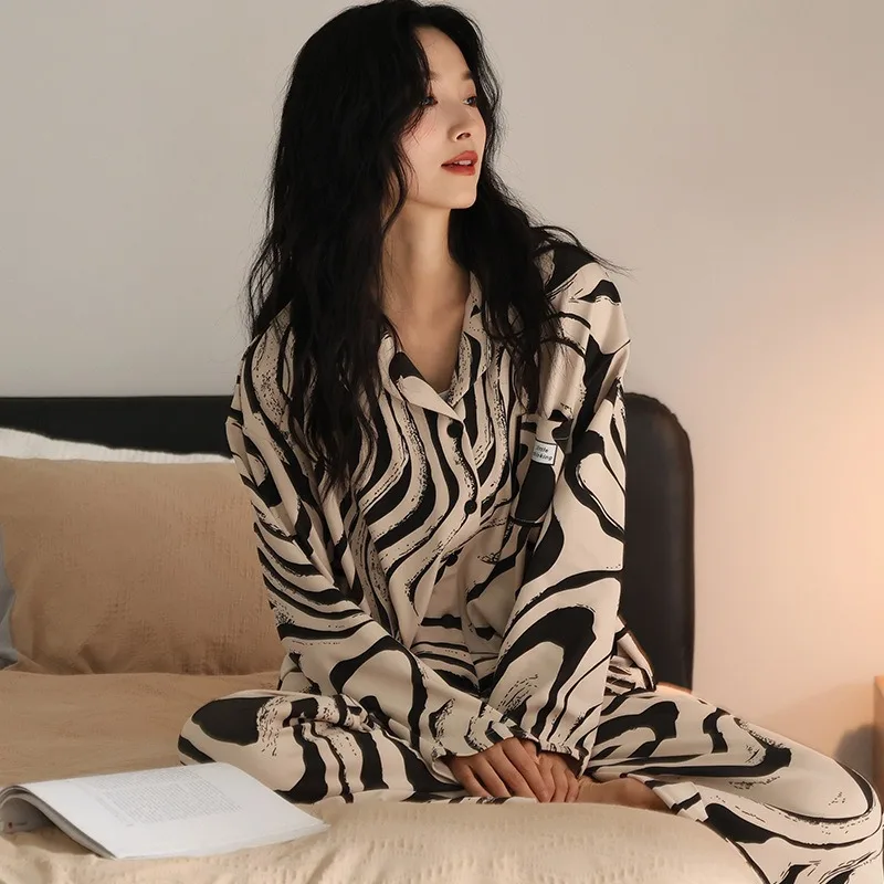 Women's Spring Autumn Pajamas High End Pure Cotton Long Sleeve Cardigan Fashionable Patterns Stylish Loungewear Outdoor Wear XXL