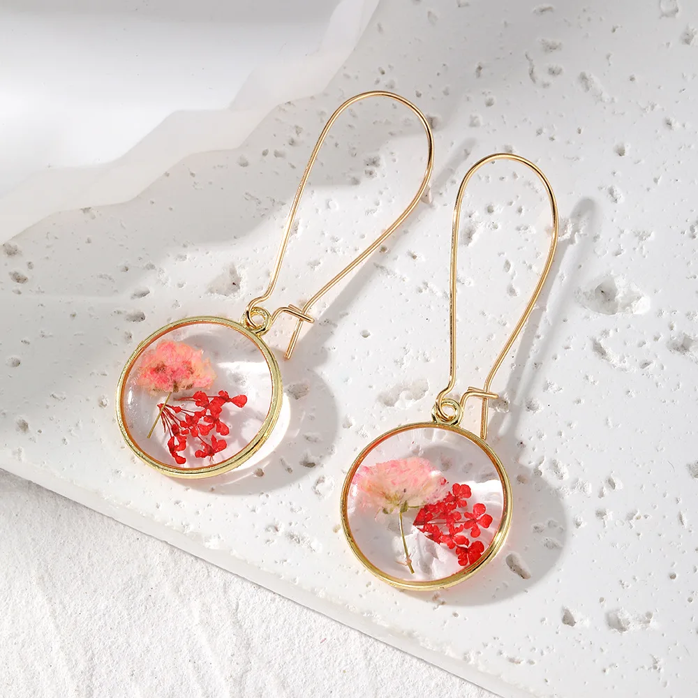 Colorful Flower Hoop Earrings Women Natural Pressed Flower Dangle Earrings Unique Design Boho Style Statement Jewelry Wholeslae