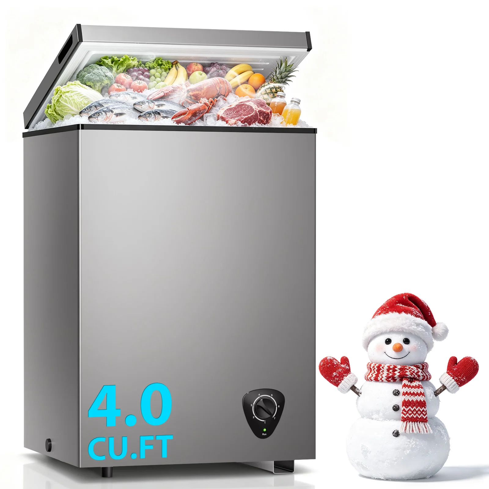4.0 Cu.Ft Mini Chest Freezer Compact Deep Freezer with Removable Storage Basket, Adjustable Thermostat, Drain Outlet, Built-in Handle, Manual Defrost Small Freezer for Home Kitchen Garage Apartment