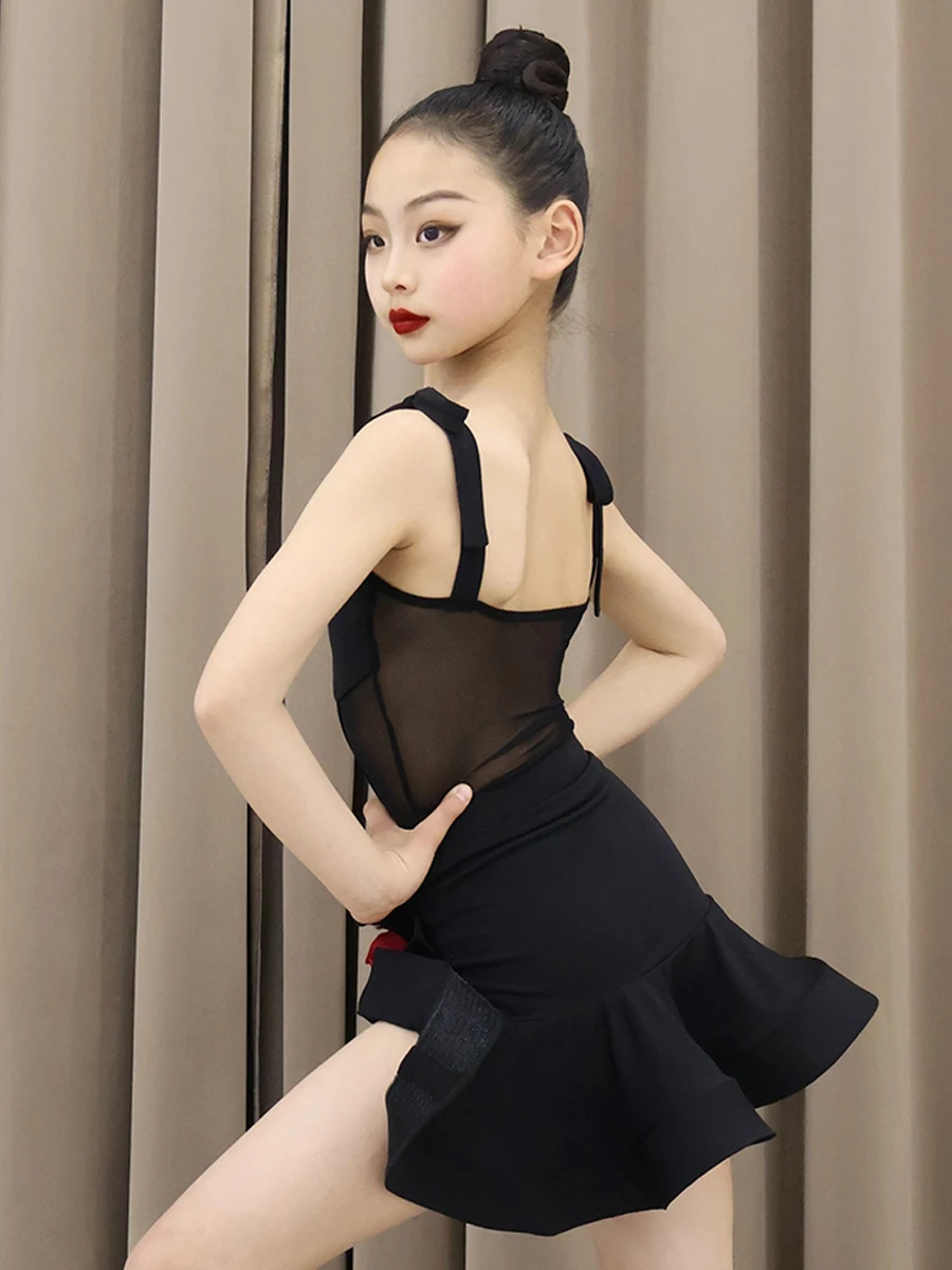 Girls Latin Dance Clothes Mesh Black Sleeves Tops Skirt Suit Kids Cha Cha Rumba Samba Dance Training Practice Clothing