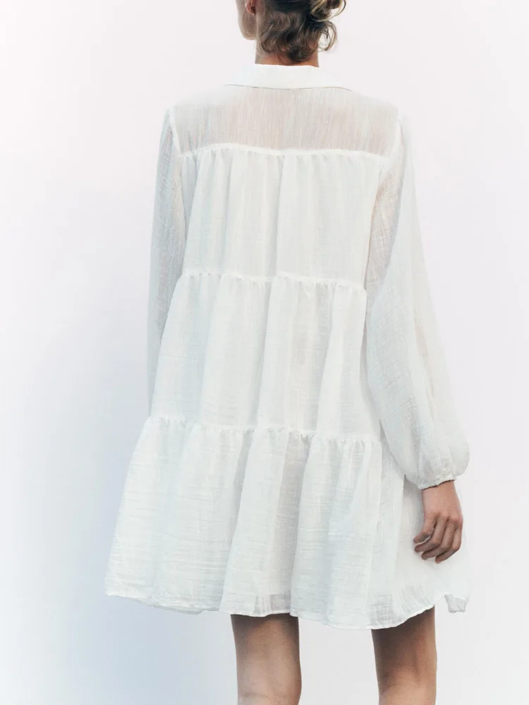 Primavera 2025 Nova Faion feminino cor pura em camadas patchwork gola virada para baixo simples ort Dr lanterna de cintura alta Sve A-...