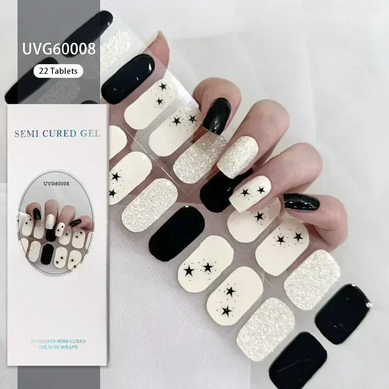 22Tips Semi-Cured Nail Wraps Simple Color Adhesive Waterproof Long Lasting Gel Nails Stickers set for UV Lamp Need Manicure