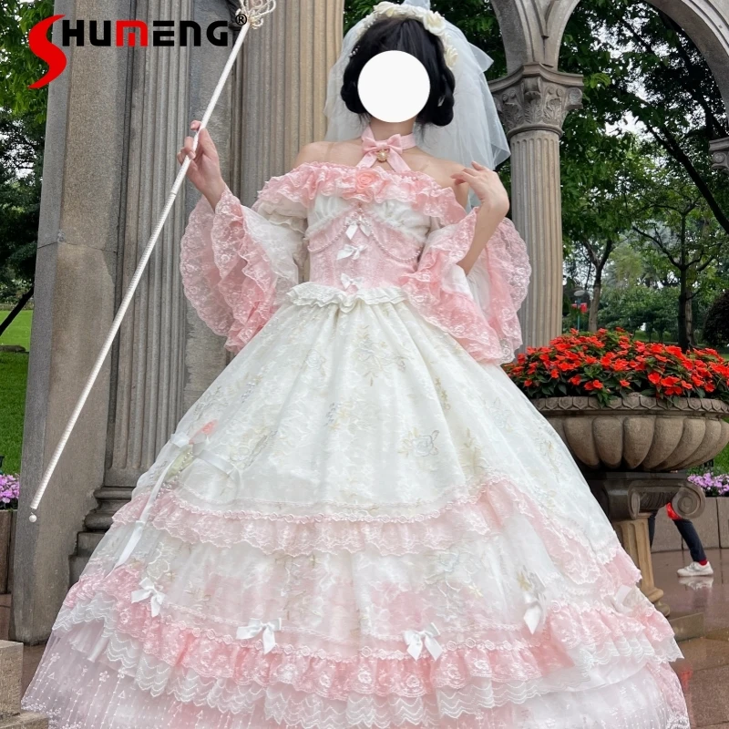 

Woman's Sweet Wedding Maxi Dresses with Hand Sleeves Female Slim Fit Elegant Off-Shoulder Princess Dress Lolita Short Dresses