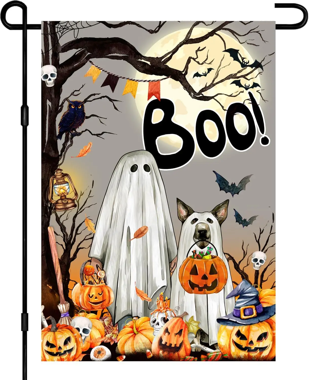 Halloween Boo Flag, Pumpkin Ghost Spooky Dog Halloween Holiday Yard Outdoor Outside Halloween Garden Flag 12x18 Double Side