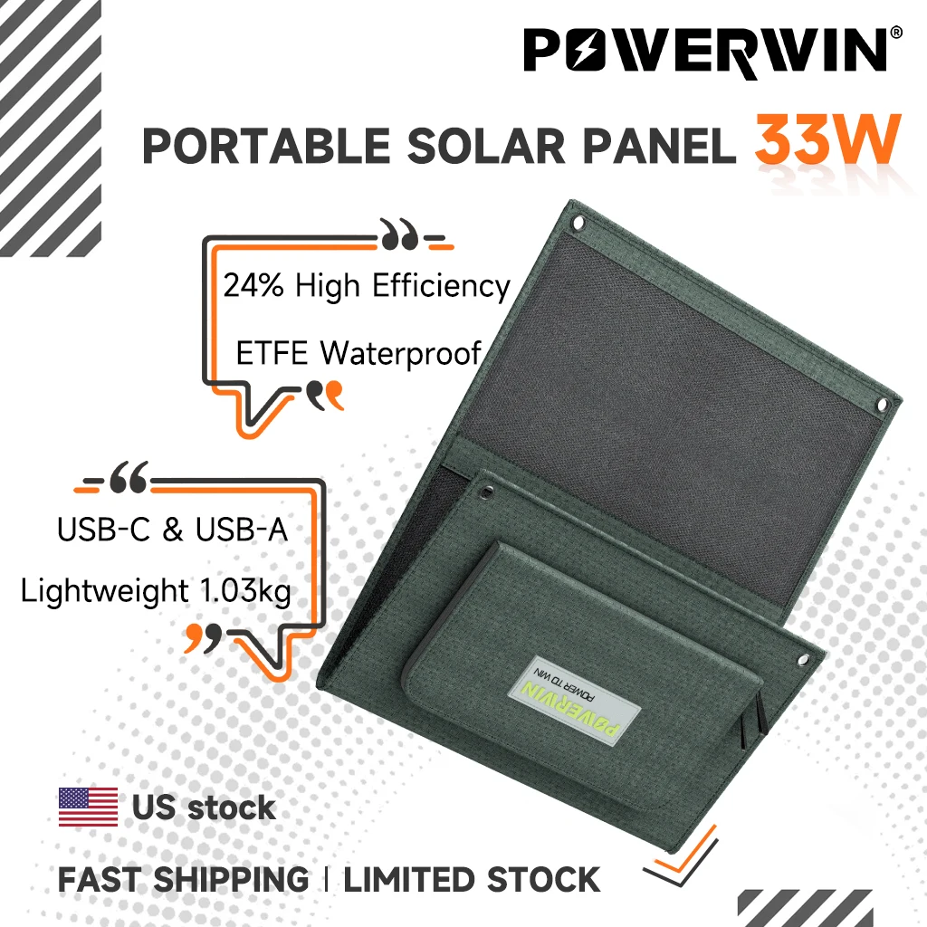 

Солнечная панель POWERWIN PWS30 складная, 33 Вт, ETFE, высокая эффективность, легкая и водонепроницаемая, для кемпинга на открытом воздухе