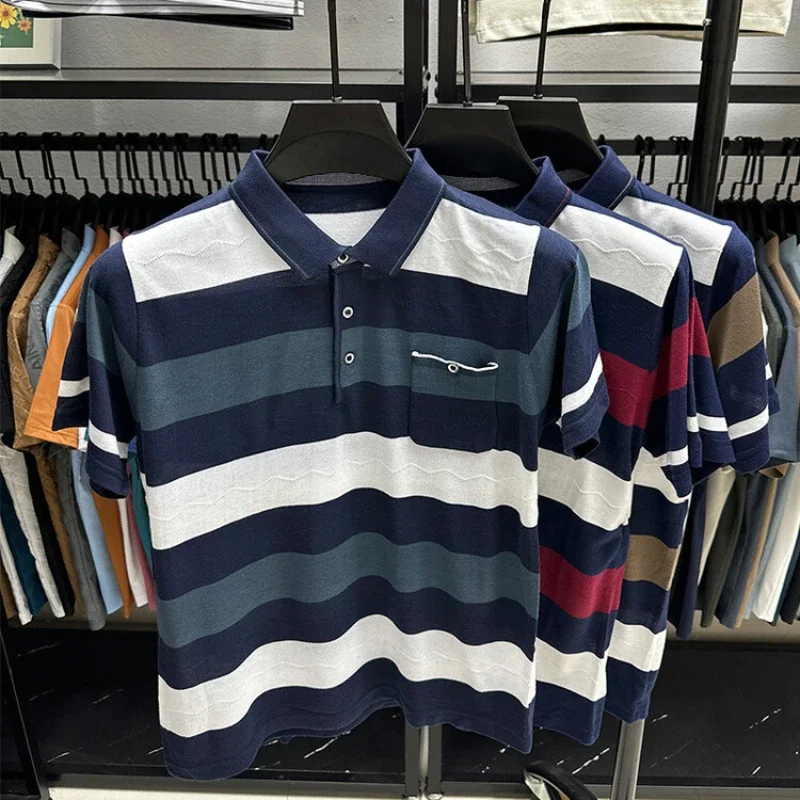 POLO de manga corta para hombre, camiseta a rayas informal y a la moda, novedad de verano