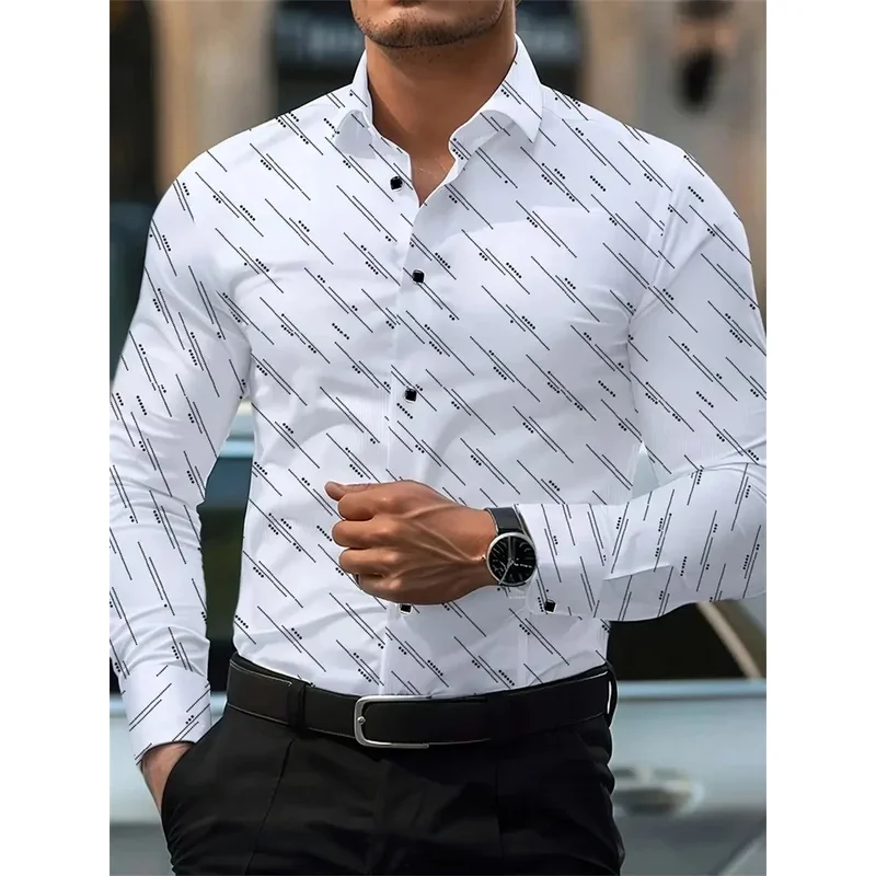 Men's shirt fashion geometric line print long sleeve shirt business office casual slim versatile daily outdoor commuting top