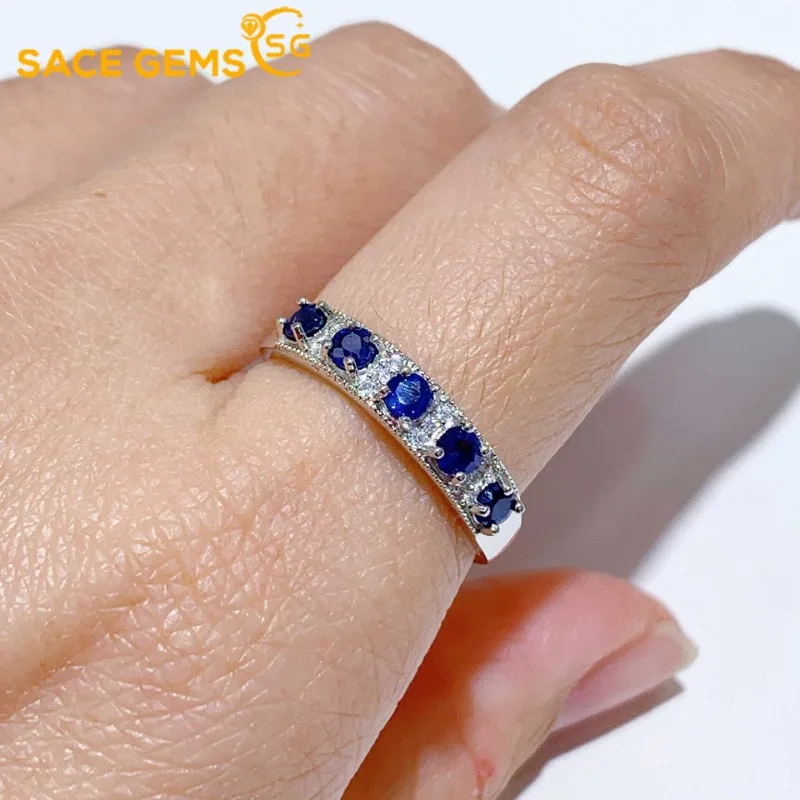 

SACE GEMS New 925 Sterling Silver Certified 3MM Natual Sapphire Rings for Women Engagement Cocktail Party Fine Jewelry Gift