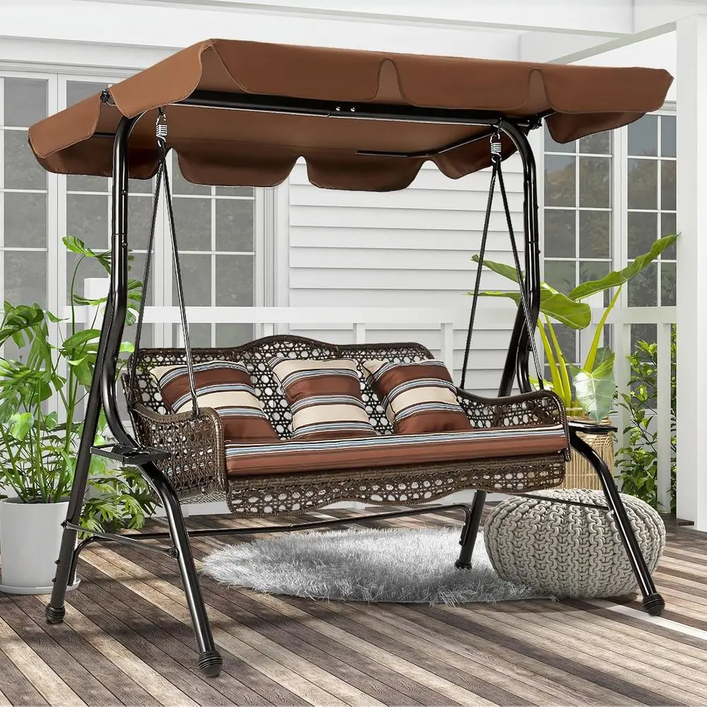 

3-Seat Outdoor Patio Swing Chair, Large Converting Porch Swing Glider, Hammock Lounge Chair or Porch, Rattan Wicker Steel e Cush