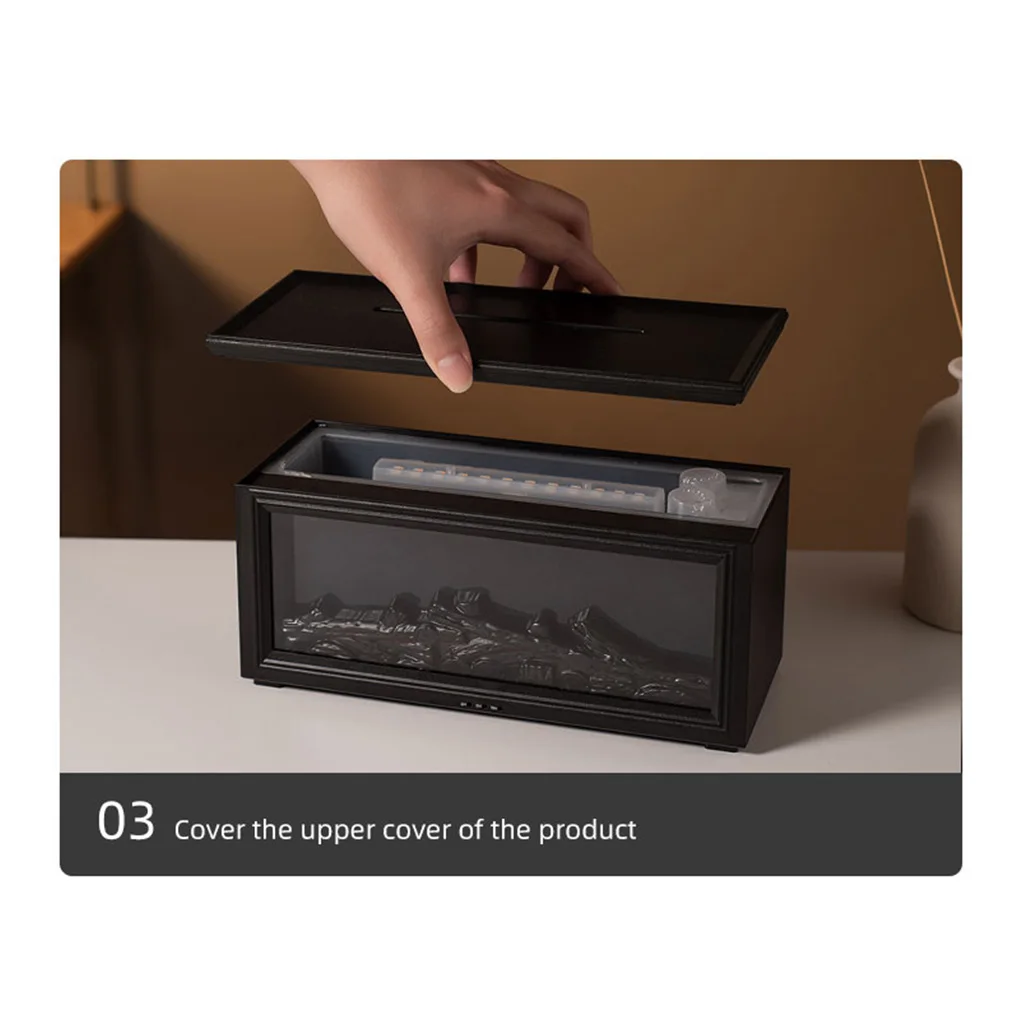 เครื่องกระจายกลิ่นน้ำมันหอมระเหยแบบเตาผิงขนาดเล็ก พร้อมเปลวไฟจำลอง เครื่องเพิ่มความชื้นในอากาศ 7 สี