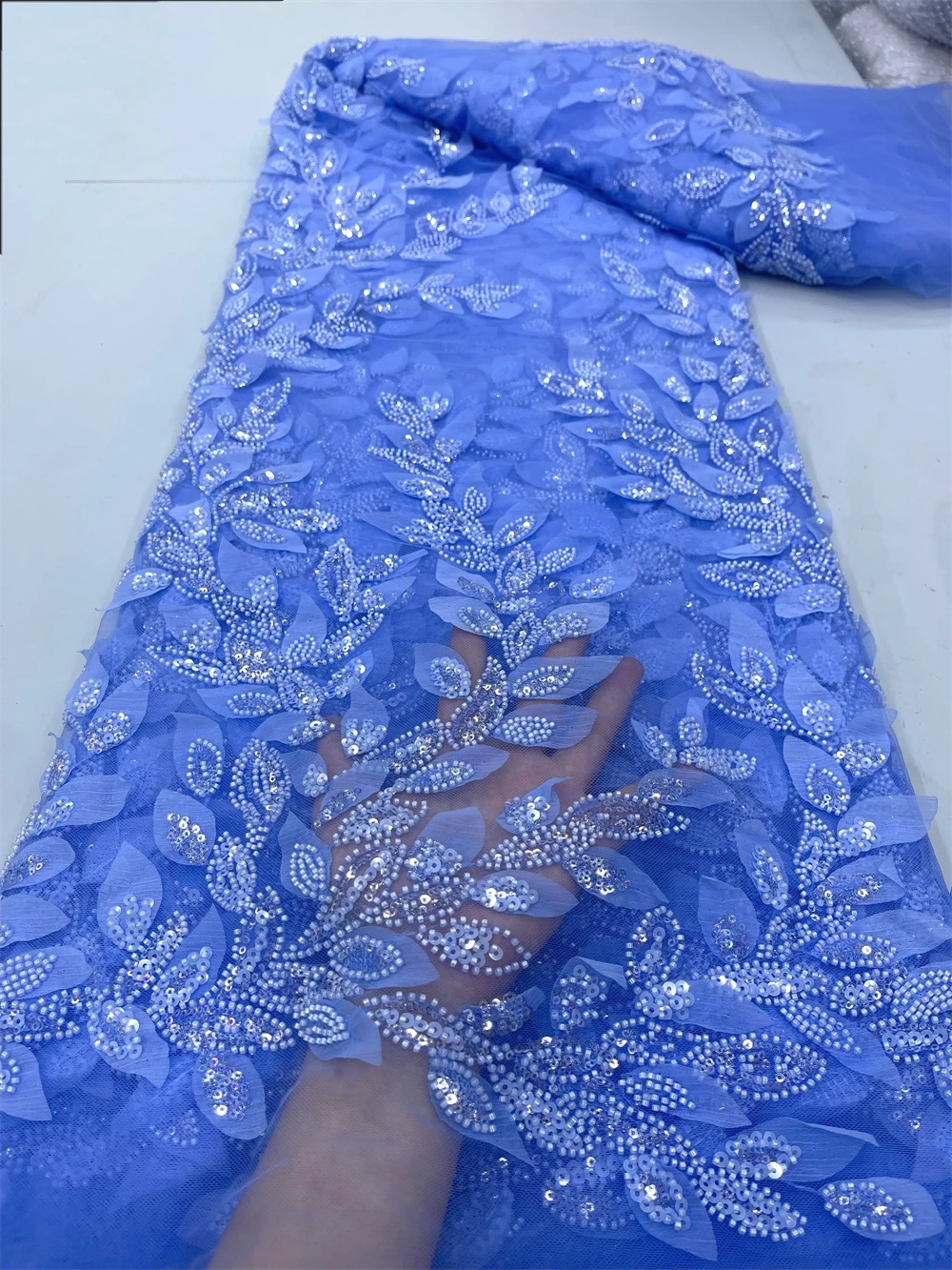 3D Leaves African Beaded Lace Fabric, Nigerian Sequins Tulle Fabric for Wedding Dress, French Luxury Beads, High Quality, jy327