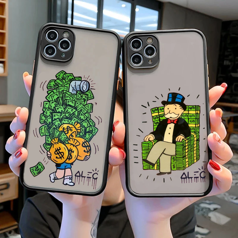 Cartoon Dollar Alec Monopoly Cellphone Bumper Clear Matte PC Back Phone Case For iphone 11 12 13 14 15 16 Pro Max 16 Plus case