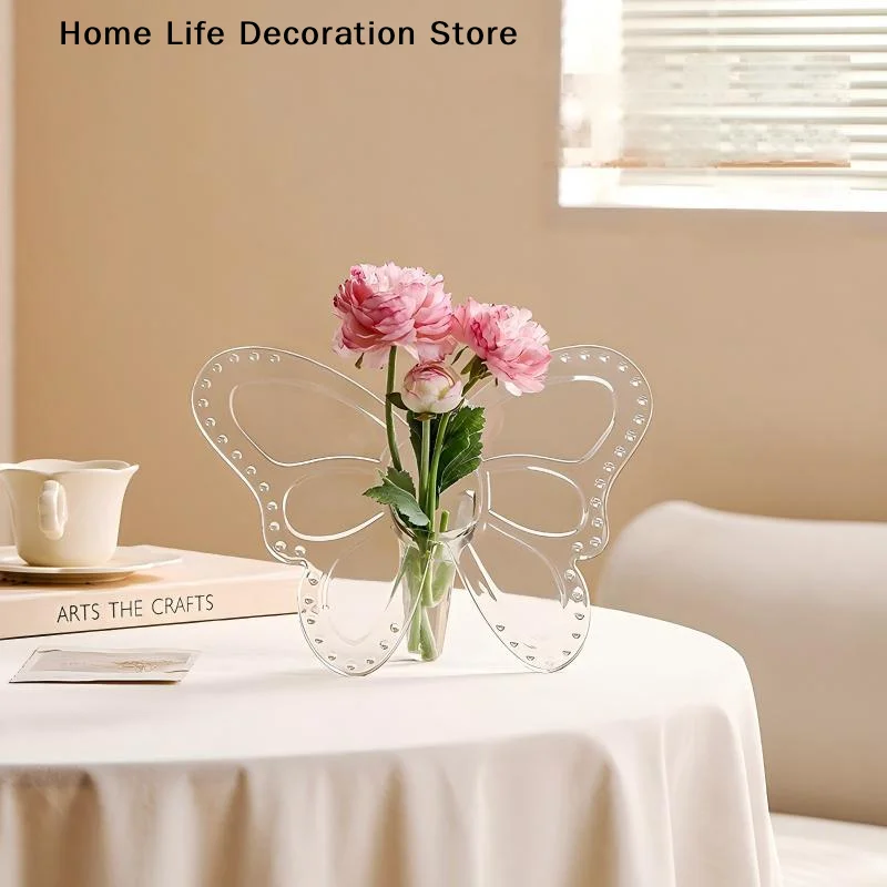 【H】Ins Style Butterfly Shaped Clear Vase Plastic Frame Vase Water Plant Flower Vase Decoration Home Living Room Desktop Ornament