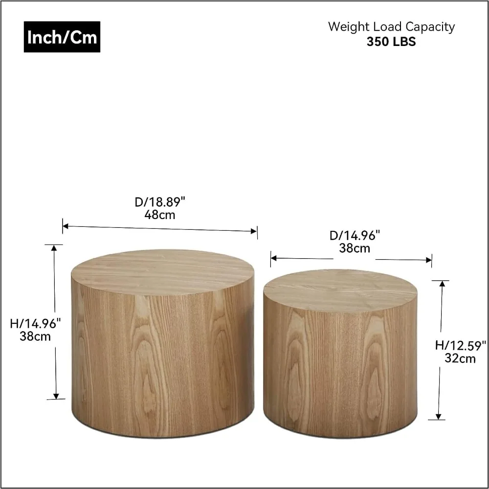 Nesting Coffee Table Set of 2, Modern Round Oak Accent Tables for Small Spaces