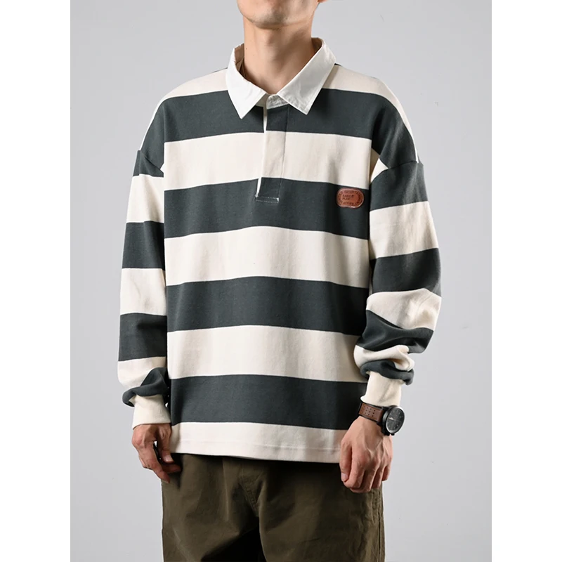 Spring Autumn Long Sleeve Polo Shirts Japanese Streetwear Loose Stripes Pullovers Men Clothing Harajuku Casual Lapel Sweatshirt