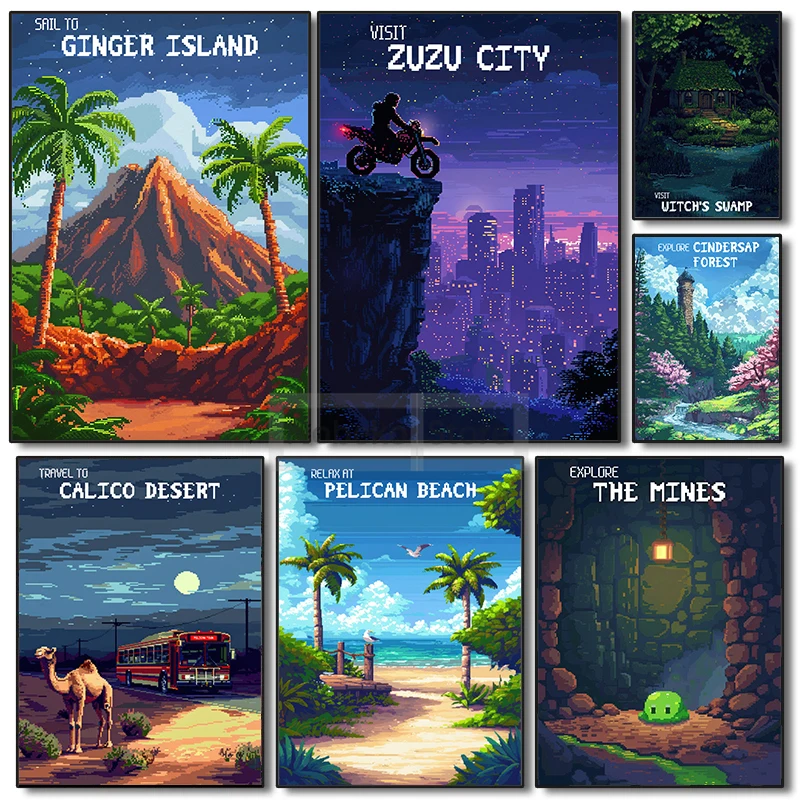 الكلاسيكية لعبة فيديو Stardew Valley المشارك Stardew Valley السفر يطبع قماش اللوحة بكسل صور فنية للجدران ديكور غرفة المنزل