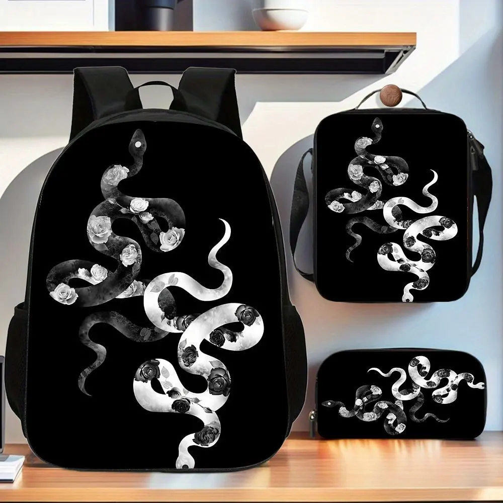 

3pcs Black And White Snake Pattern Backpack Set | Includes Large Capacity Casual Double Shoulder Backpack, Pencil Bag, Messenger