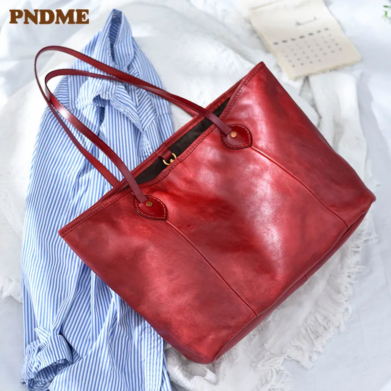 

PNDME Simple Vintage Genuine Leather Women's Large Tote Bag Weekend Travel Work Shopping Handbag Real Cowhide Big Shoulder Bag