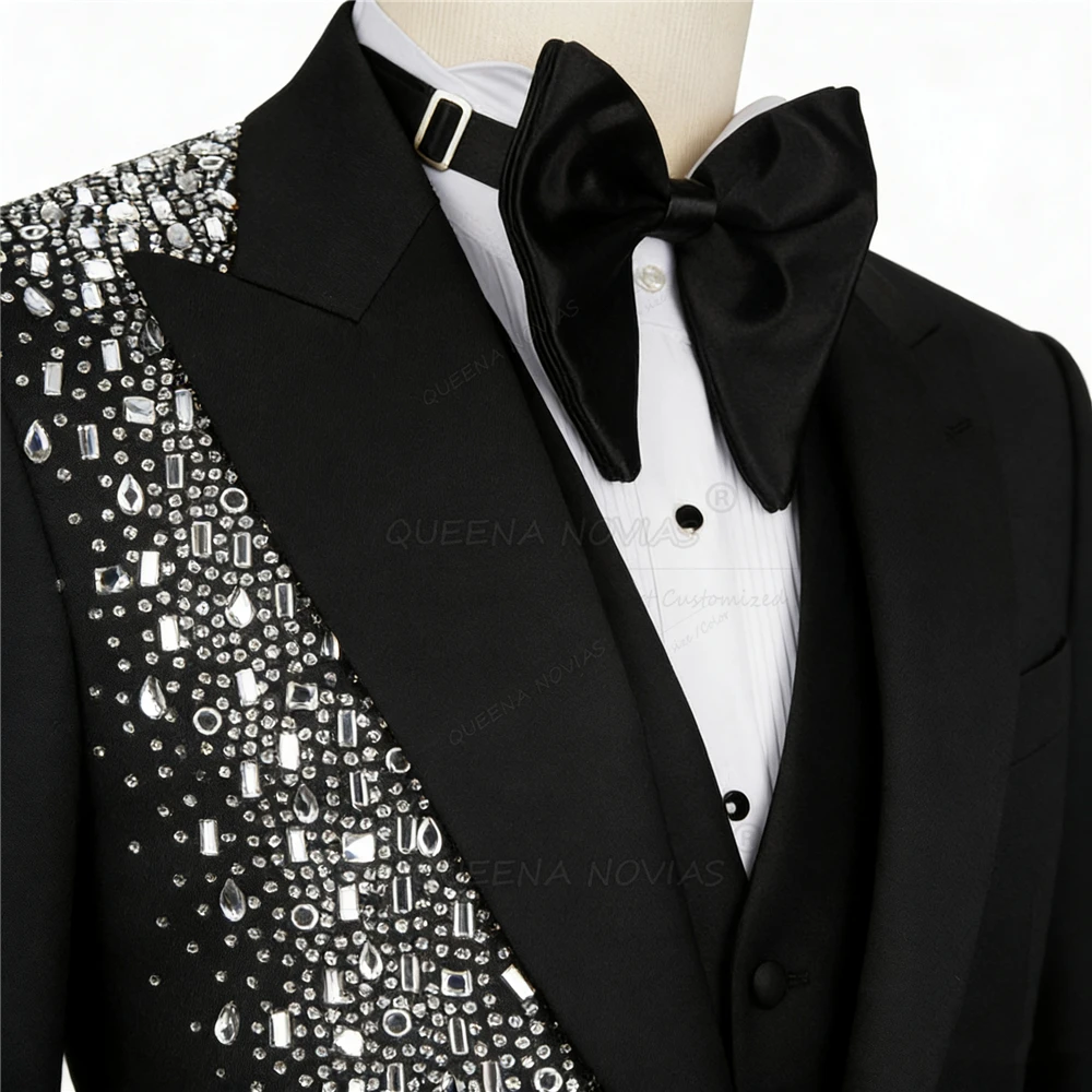 Luksusowy garnitur ślubny dla pana młodego z kryształkami, smoking, 3-częściowy, jednorzędowa marynarka, kamizelka, spodnie, szyty na miarę, strój bankietowy, męska marynarka.