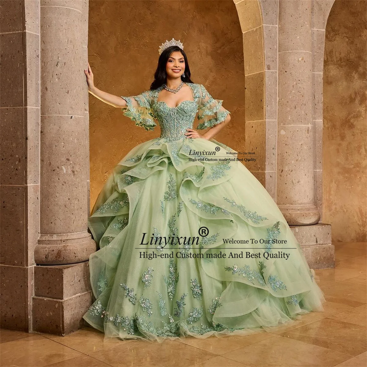 Mint Green Ball Gown Quinceanera Dress With Applique Sequins Birthday Sweet 16 Gowns Cape Tiered Mexican Vestidos De 15 Año