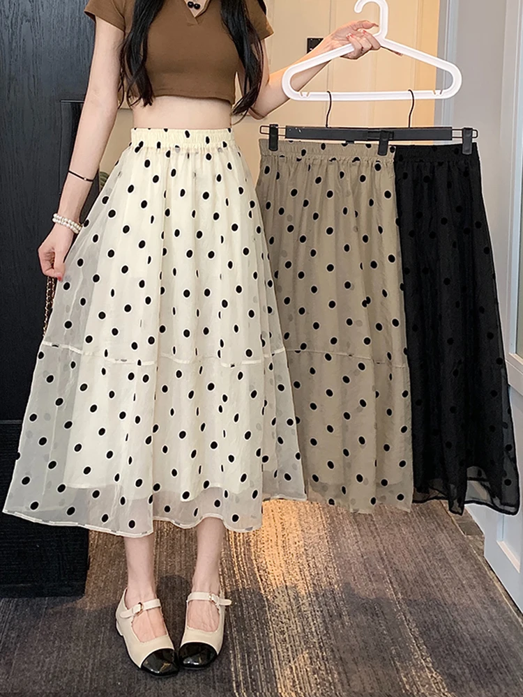 

Polka dot chiffon skirt for women's summer 2024 new organza skirt mid length high waisted A-line large umbrella skirt